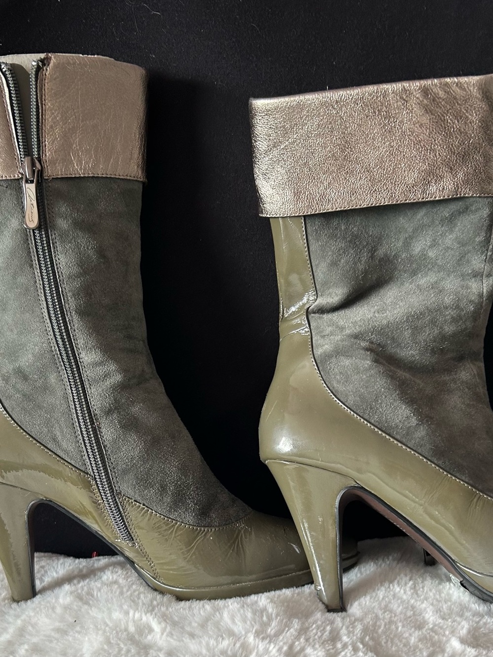Artemis Design Co. Olive and Metallic Fold-Over Mid-Calf Heeled Boots